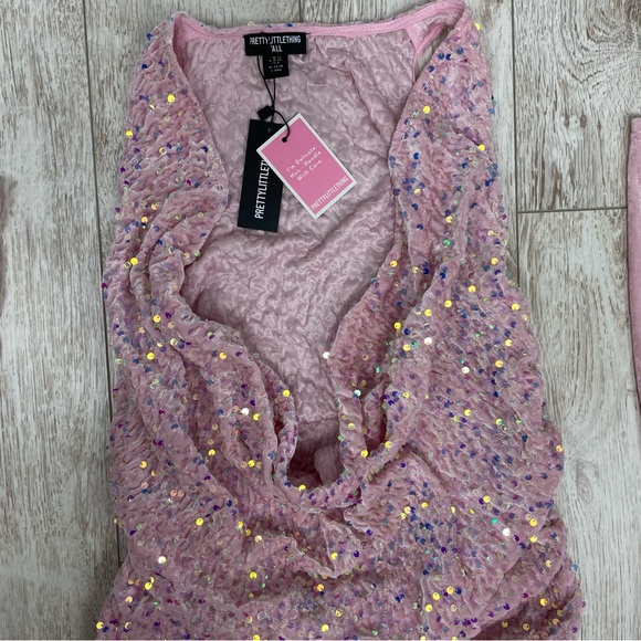 PRETTYLITTLETHING 8 40 pink sequin dress with gloves cowl neck - Picture 4 of 7